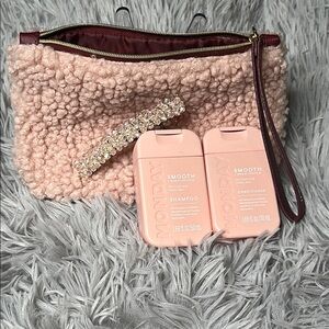 IPSY & Monday Bundle Pink Textured Pouch, Hair Clip & MONDAY Haircare Travel Set